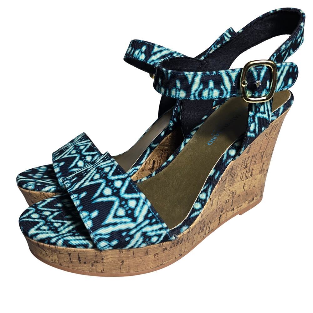 Christian Siriano Cork Wedge Turquoise Sandal Womens Heel Shoe Size 9